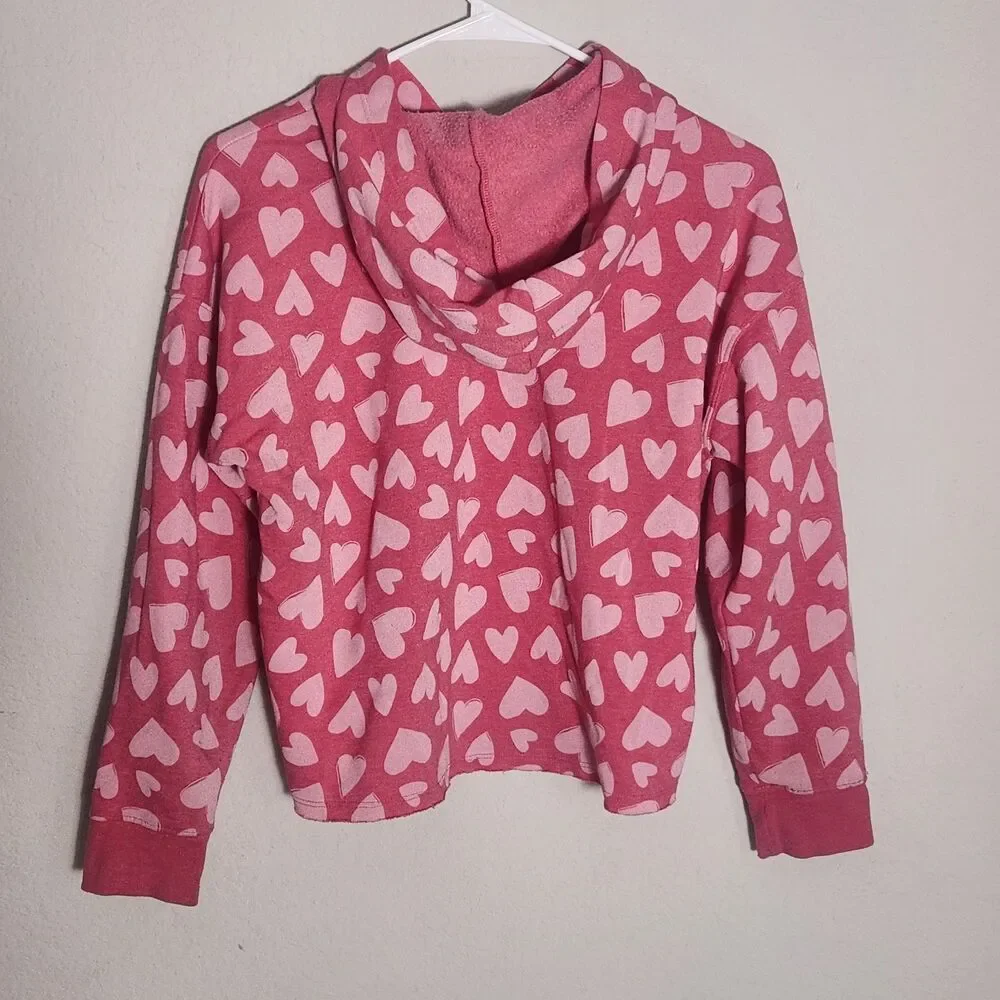 Old Navy Girls Heart Print Hoodie XL 14-16 Pink Pullover Sweatshirt Cozy Cute